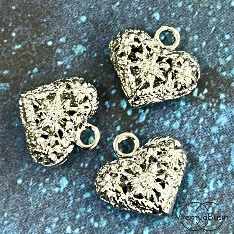 Подвеска "Сердце", 13х14 мм, латунь с родиевым покрытием (1 шт.)