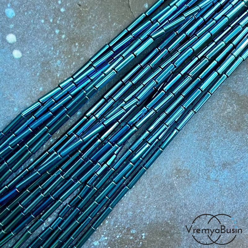 Гематит, трубочка гладкая 2х8 мм, цв. СИНИЙ (нить, ок. 48 шт.)