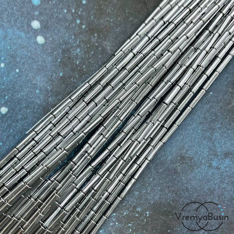 Гематит, трубочка гладкая 2х8 мм, цв. СЕРЕБРО (нить, ок. 48 шт.)