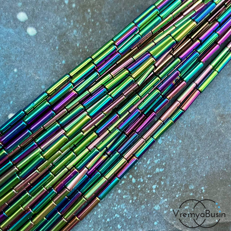 Гематит, трубочка гладкая 2х8 мм, цв. БЕНЗИНОВЫЙ  (нить, ок. 48 шт.)