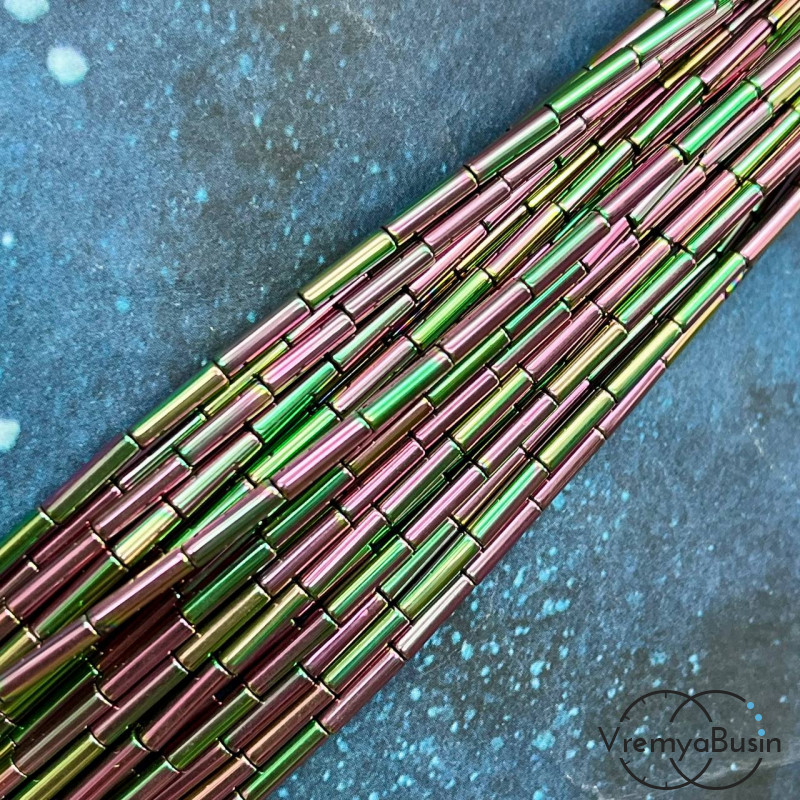 Гематит, трубочка гладкая 2х8 мм, цв. РОЗОВО-ЗЕЛЕНЫЙ (нить, ок. 48 шт.)