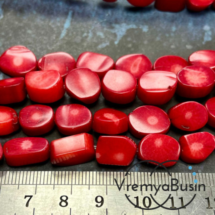 Коралл натуральный, бусина овальная ок. 12х8 мм, цв. красный (нить, ок. 32 шт.)