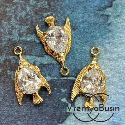 Подвеска  "Рыбка", 22х12 мм, из латуни с позолотой и граненым стеклом (1 шт.)