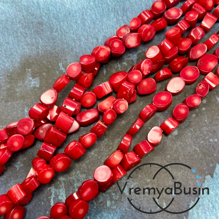 Коралл натуральный, бусина овальная ок. 12х8 мм, цв. красный (нить, ок. 32 шт.)