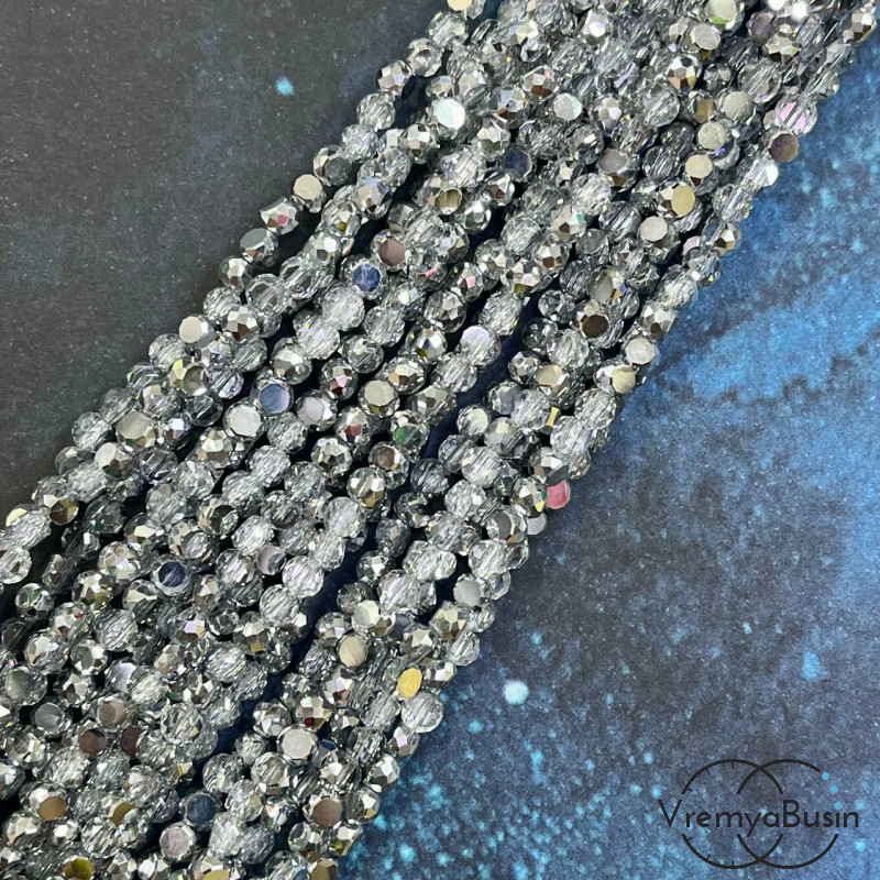 Бусины таблетки из граненого стекла, 3х4 мм, цв. серо-серебряный  (1/2 нити, ок. 85 шт.)