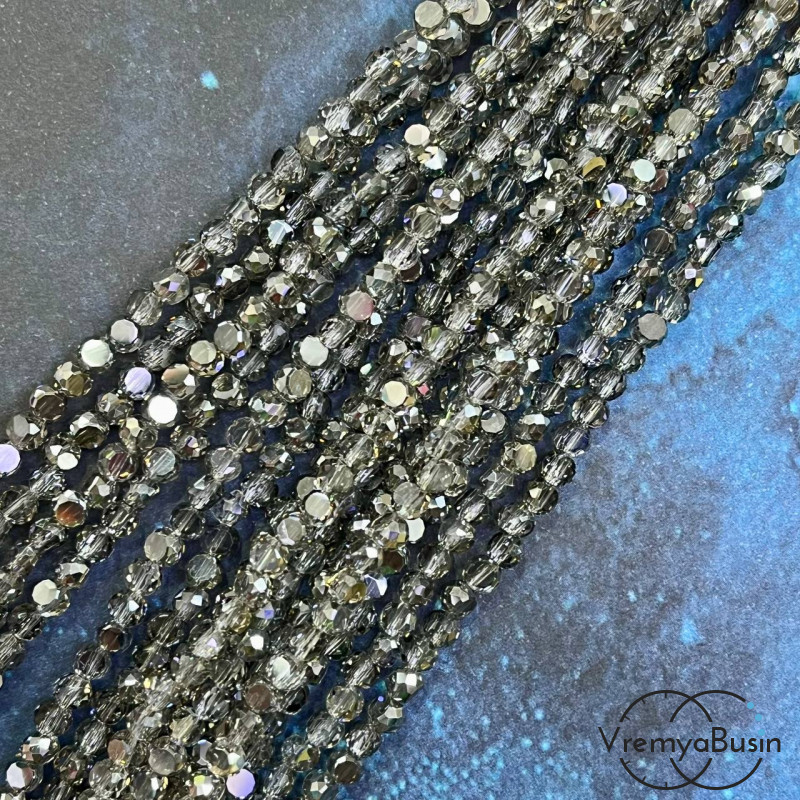 Бусины таблетки из граненого стекла, 3х4 мм, цв. серый  (1/2 нити, ок. 85 шт.)