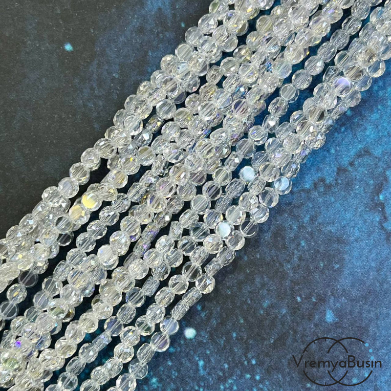 Бусины таблетки из граненого стекла, 3х4 мм, цв. кристалл АБ  (1/2 нити, ок. 85 шт.)
