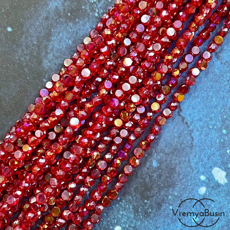 Бусины таблетки из граненого стекла, 3х4 мм, цв. красный (1/2 нити, ок. 85 шт.)