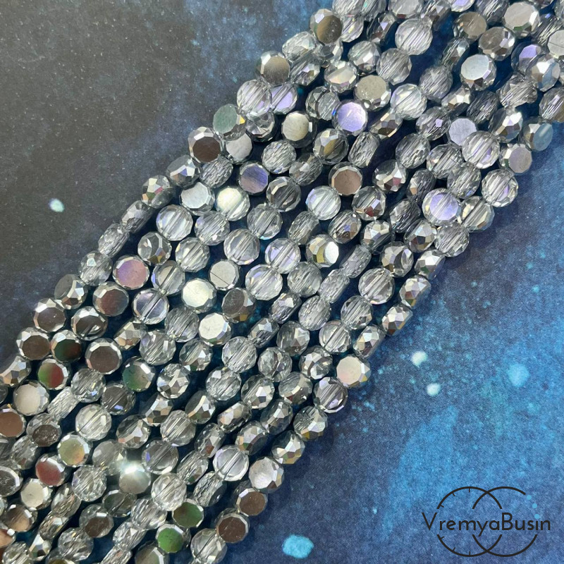 Бусины таблетки из граненого стекла, 4х6 мм, цв. серо-серебряный (1/2 нити, ок. 45 шт.)