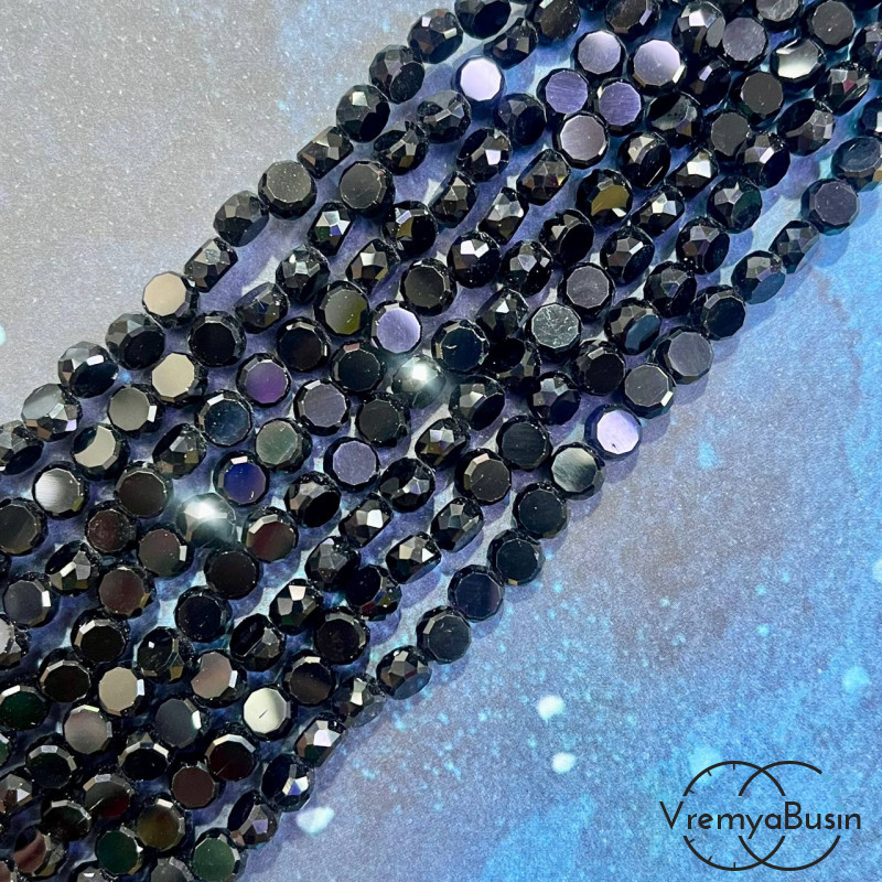 Бусины таблетки из граненого стекла, 4х6 мм, цв. черный (1/2 нити, ок. 45 шт.)