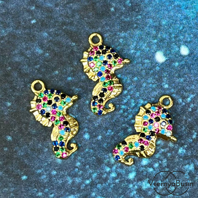 Подвеска с цветными фианитами "Морской конек", 11х19 мм, латунь с позолотой (1 шт.)