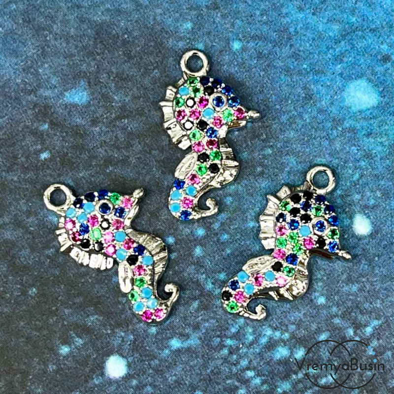 Подвеска с цветными фианитами "Морской конек", 11х19 мм, латунь с родиевым покрытием (1 шт.)