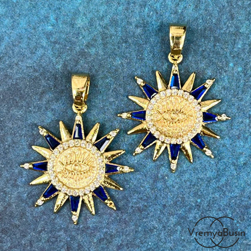 Подвеска с цветными фианитами "Солнце", 22х24 мм, латунь с позолотой (1 шт.)
