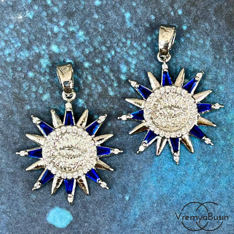 Подвеска с цветными фианитами "Солнце", 22х24 мм, латунь с родиевым покрытием (1 шт.)