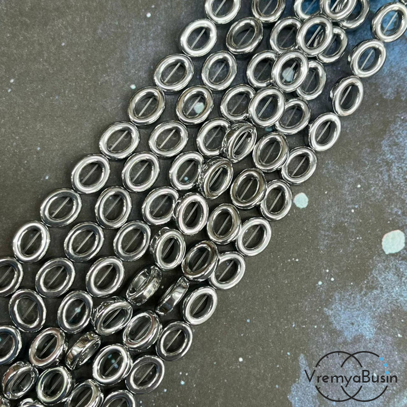 Гематит, овальное кольцо 10х8х3 мм, цв. серебро (нить, ок. 38 шт.)