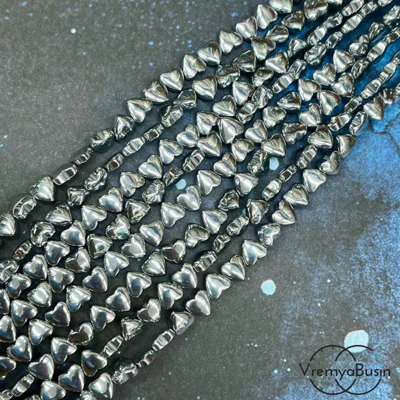 Гематит, сердце плоское 6 мм, цв. серебро (1/2 нити, ок. 30 шт.)