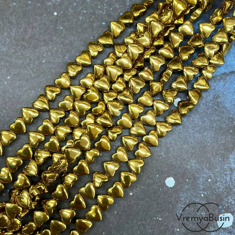 Гематит, сердце плоское 6 мм, цв. золото (1/2 нити, ок. 30 шт.)