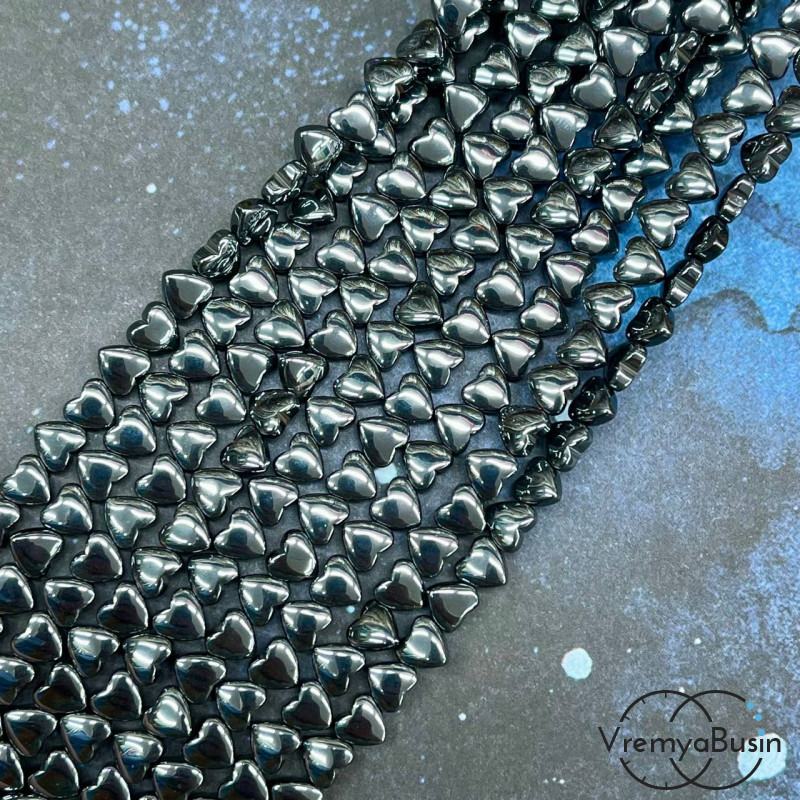 Гематит, сердце плоское 6 мм, цв. черный (1/2 нити, ок. 30 шт.)