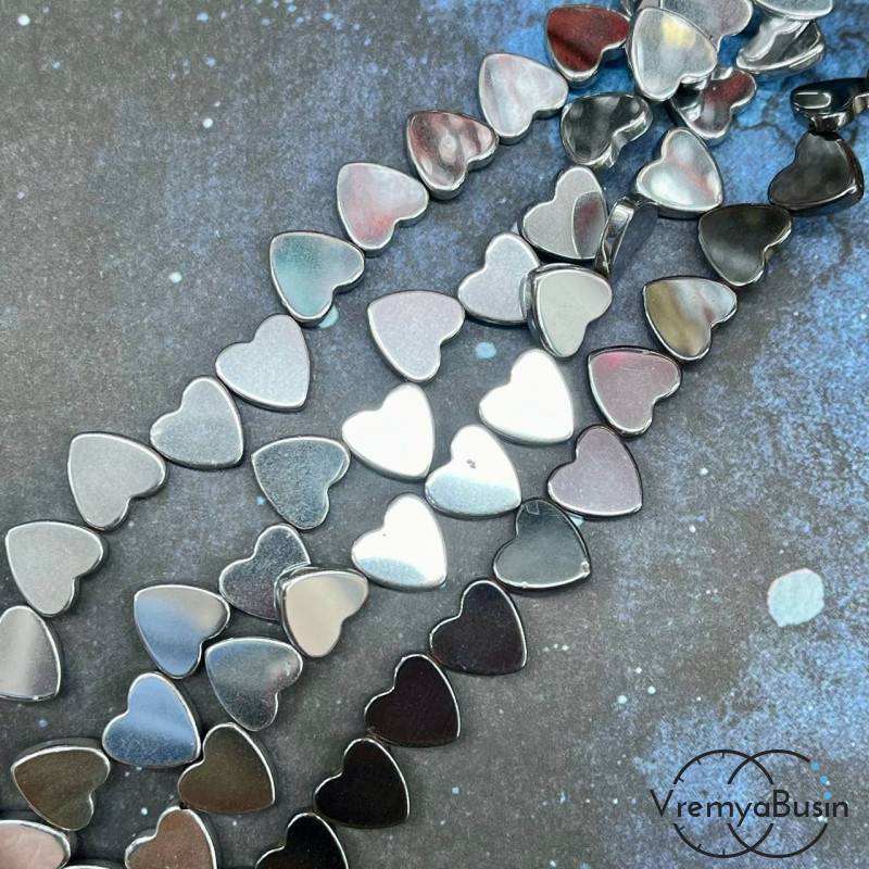 Гематит, сердце плоское 10 мм, цв. серебро (1/2 нити, ок. 20 шт.)