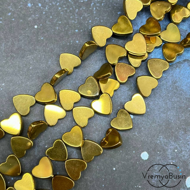 Гематит, сердце плоское 10 мм, цв. золото (1/2 нити, ок. 20 шт.)