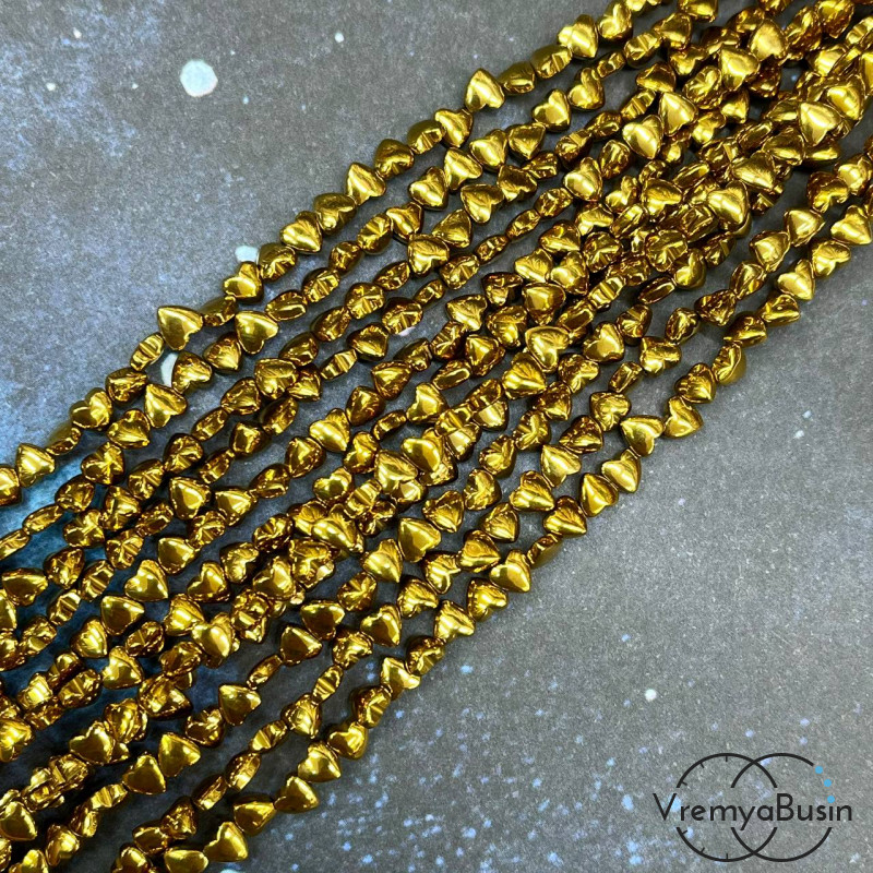 Гематит, сердце плоское 4 мм, цв. золото (1/2 нити, ок. 50 шт.)