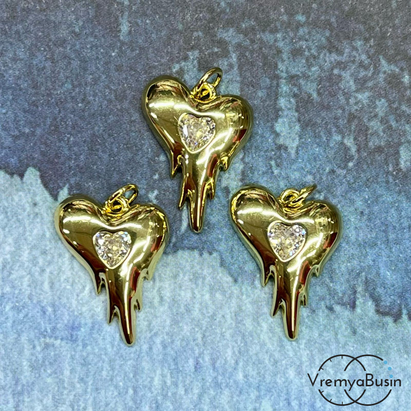 Подвеска  "Расплавленное сердце", 20х16 мм, из латуни с позолотой и фианитами (1 шт.)