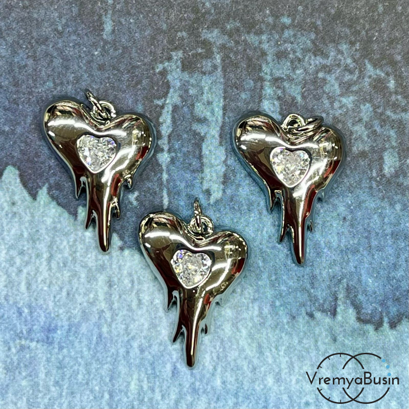 Подвеска  "Расплавленное сердце", 20х16 мм, из латуни с родиевым покрытием и фианитами (1 шт.)