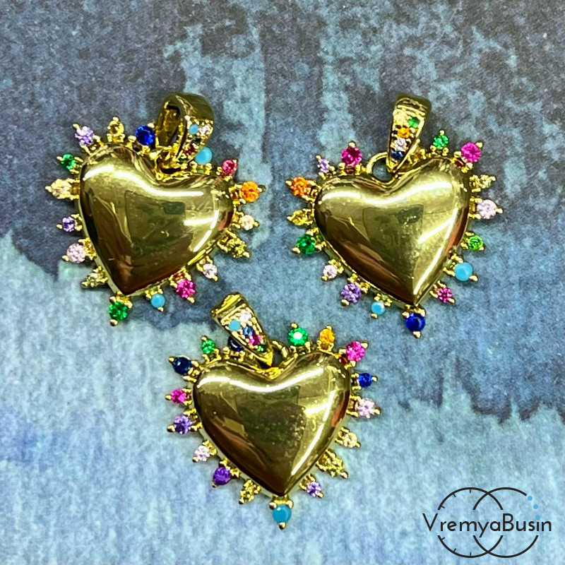 Подвеска  "Сердце в огоньках", 22х20 мм, из латуни с позолотой и цветными фианитами  (1 шт.)