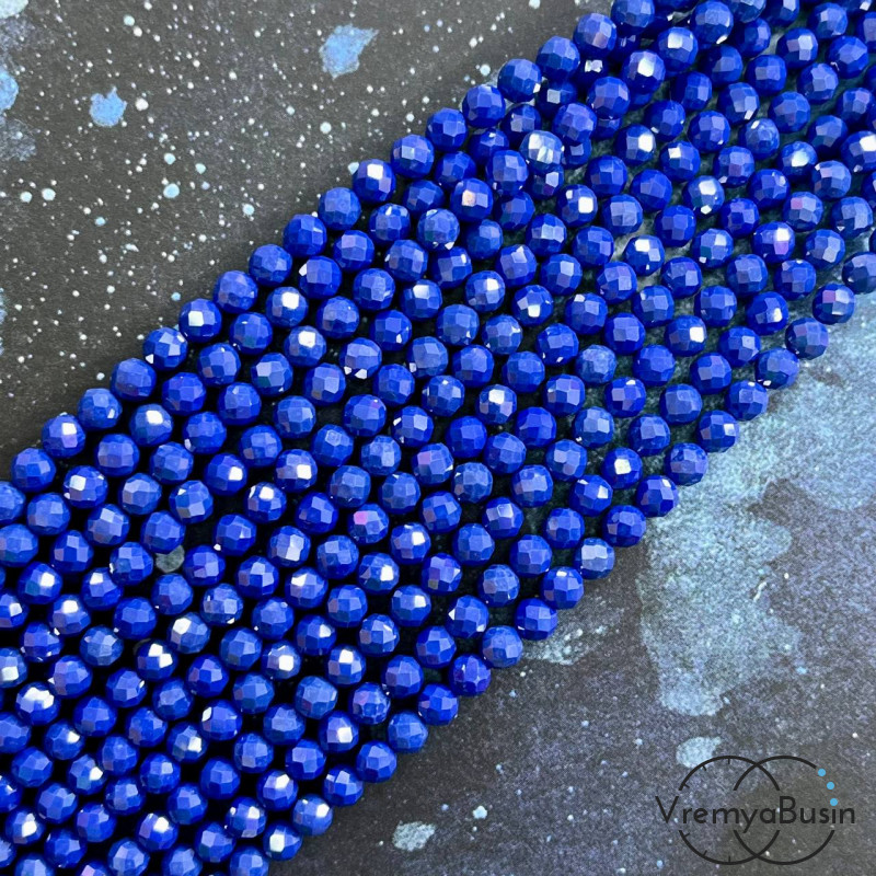 Фианит, матовый шарик 4 мм с микроогранкой, цв. синий  (нить, ок. 40 см.)