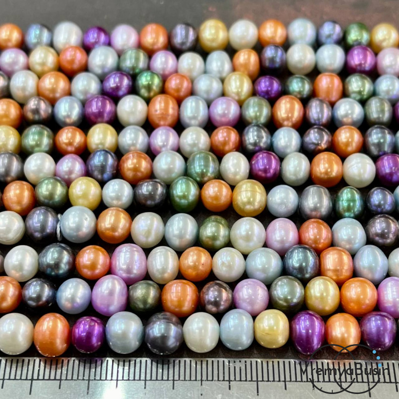 Жемчуг натуральный речной, разноцветный микс, округлый ок. 7-8 мм (нить, ок. 55  шт.)