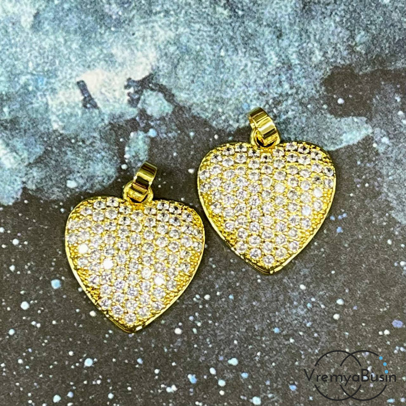 Подвеска «Сердце", 18х20 мм, из латуни с позолотой и фианитами  (1 шт.)