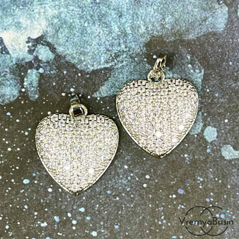 Подвеска «Сердце», 18х20 мм, из латуни с родиевым покрытием и фианитами  (1 шт.)