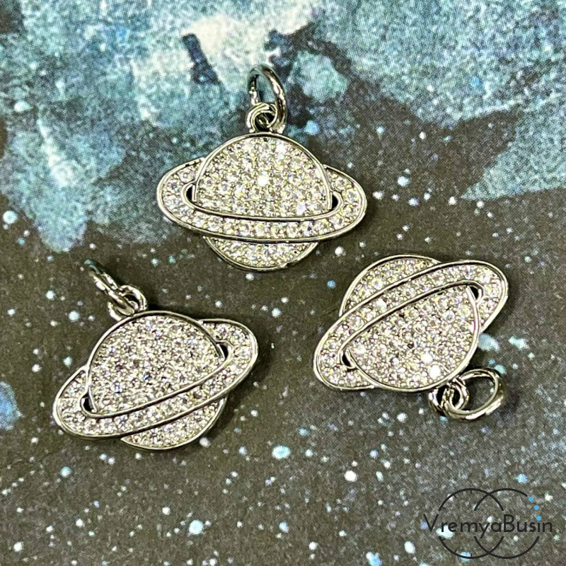 Подвеска «Сатурн», 13х16 мм, из латуни с родиевым покрытием и фианитами  (1 шт.)