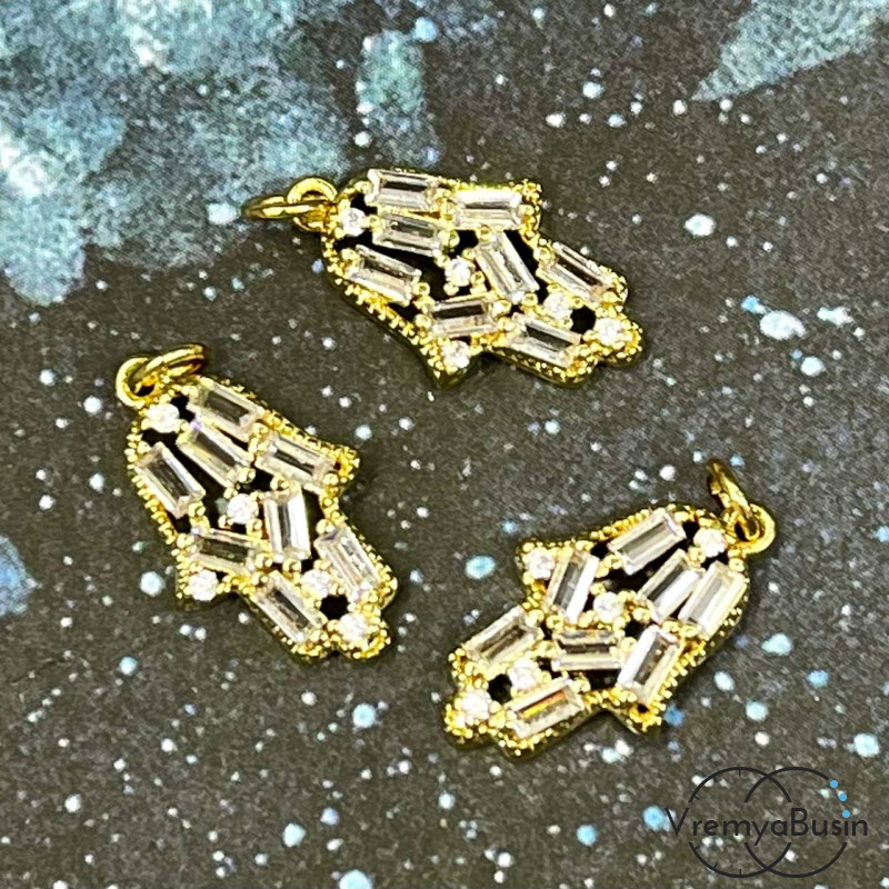 Подвеска «Ладонь», 10х17 мм, из латуни с позолотой и фианитами  (1 шт.)