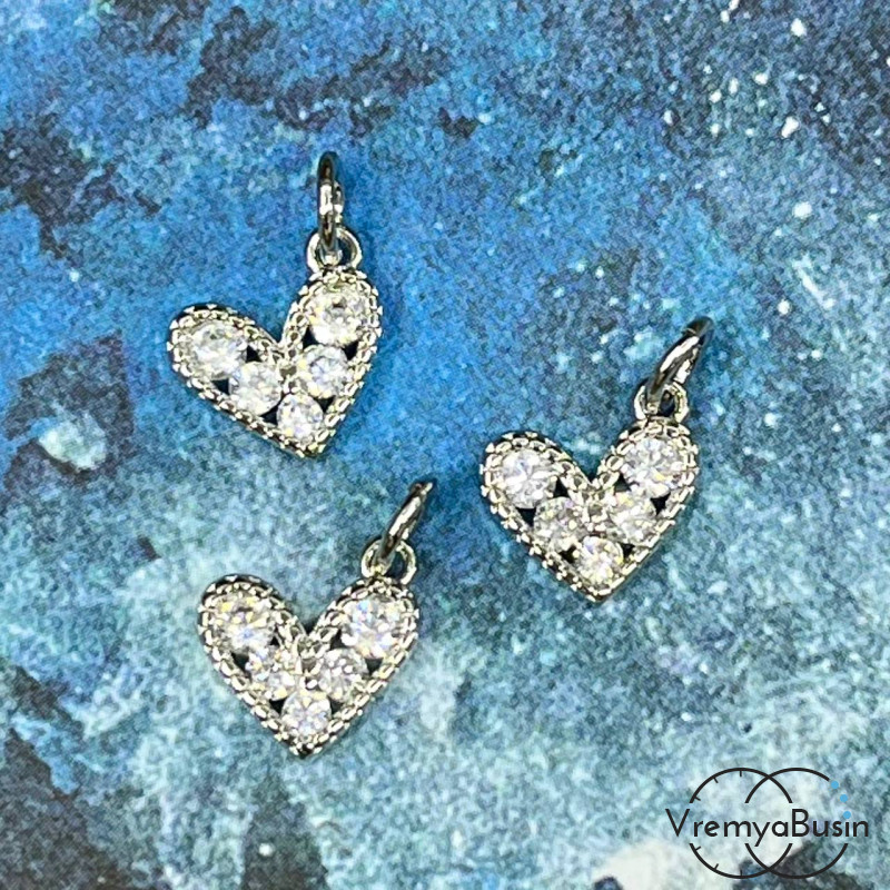 Подвеска «Сердце», 11х10 мм, из латуни с родиевым покрытием и фианитами  (1 шт.)