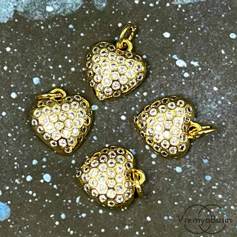 Подвеска «Сердце», 12х11 мм, из латуни с позолотой и фианитами  (1 шт.)