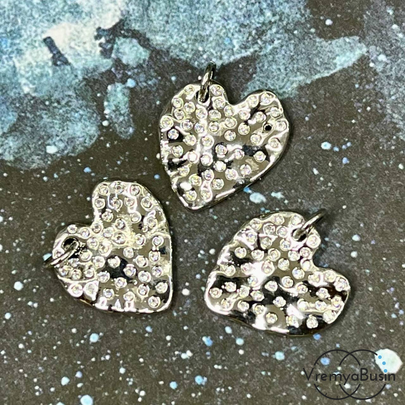 Подвеска «Сердце», 16х15 мм, из латуни с родиевым покрытием и фианитами  (1 шт.)