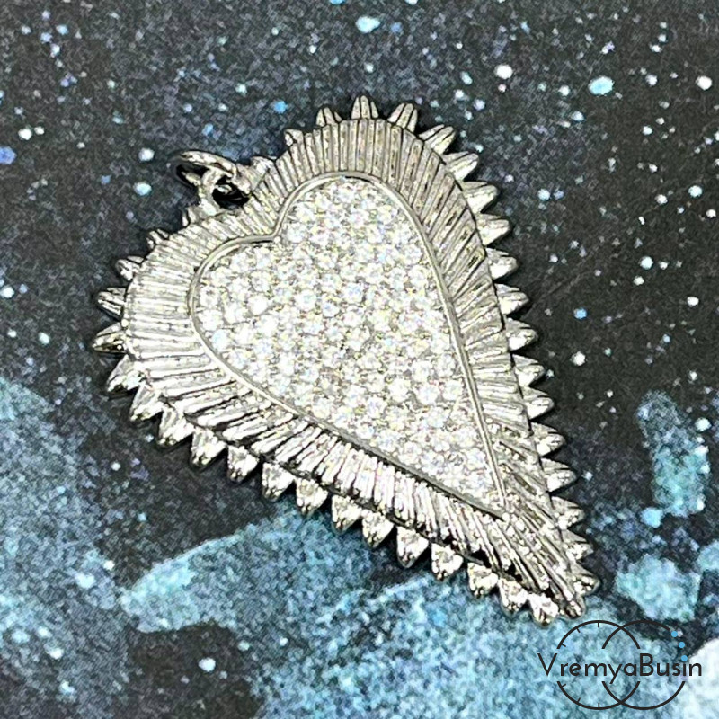 Подвеска «Сердце», 24х30 мм, из латуни с родиевым покрытием и фианитами  (1 шт.)