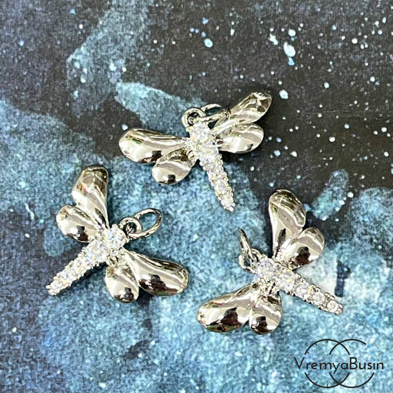 Подвеска «Стрекоза», 20х14 мм, из латуни с родиевым покрытием и фианитами  (1 шт.)