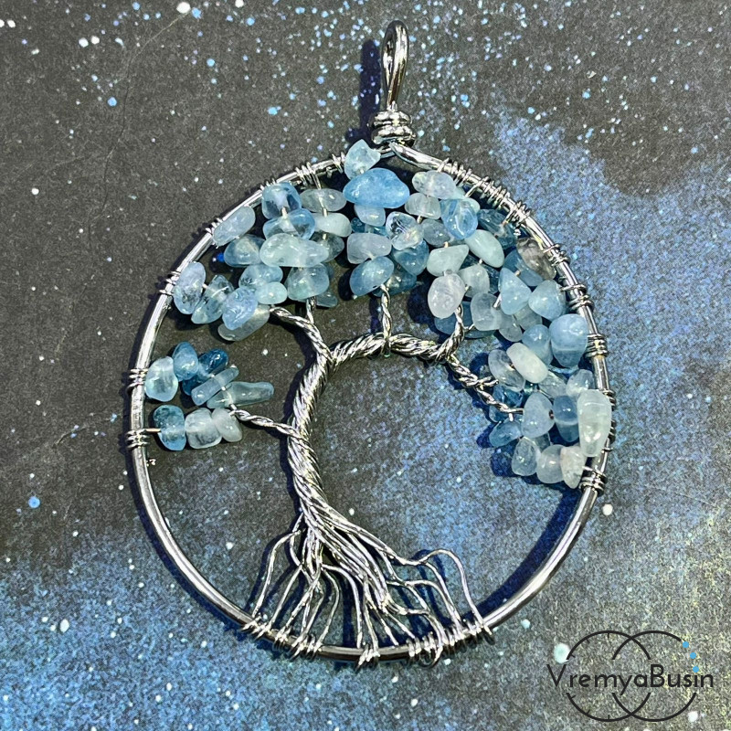 Аквамарин.    Кулон с каменной крошкой "Дерево жизни" (1 шт.)