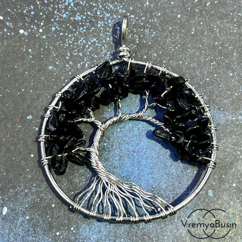 Черный агат. Кулон с каменной крошкой "Дерево жизни" (1 шт.)