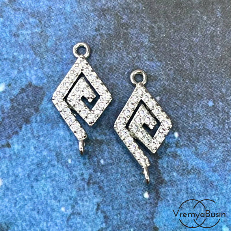 Коннектор с фианитами «Ромб», 9х17 мм,  латунь с родиевым покрытием (1 шт.)