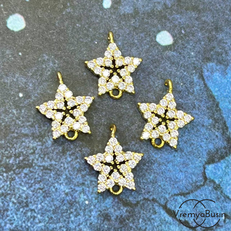 Коннектор с фианитами «Звезда, 14х11 мм, латунь с позолотой (1 шт.)