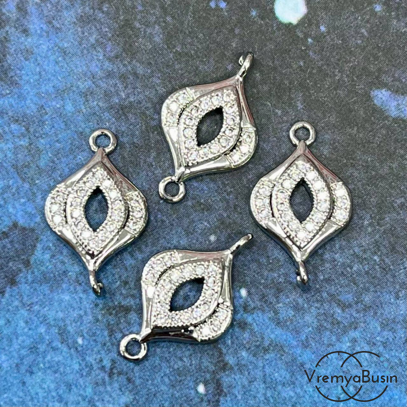 Коннектор с фианитами, 17х10 мм, латунь с родиевым покрытием (1 шт.)