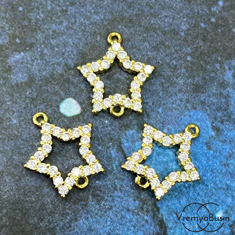 Коннектор с фианитами «Звезда», 14х13 мм, латунь с позолотой (1 шт.)