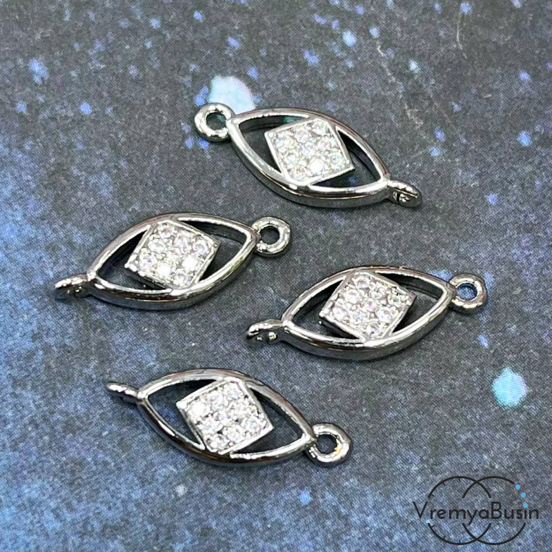 Коннектор с фианитами, 16х6 мм, латунь с родиевым покрытием (1 шт.)