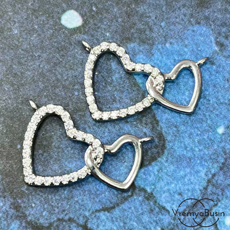 Коннектор с фианитами «Два сердца», 13х20 мм, латунь с родиевым покрытием (1 шт.)