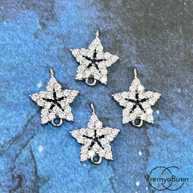 Коннектор с фианитами «Звезда», 14х11 мм, латунь с родиевым покрытием (1 шт.)