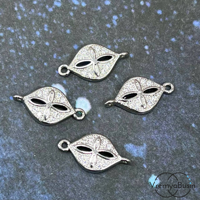 Коннектор с фианитами, 16х8 мм, латунь с родиевым покрытием (1 шт.)