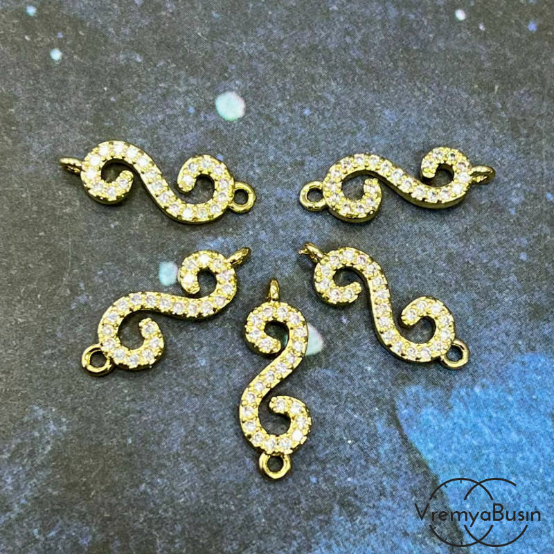 Коннектор с фианитами, 18х6 мм, латунь с позолотой (1 шт.)